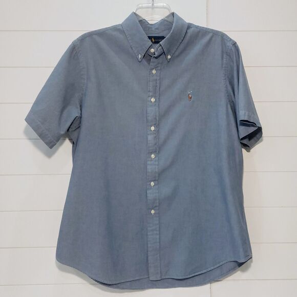 Ralph Lauren Men's XL Chambray Button Down Short Sleeve Shirt Blue Flesh Pony - Picture 2 of 9